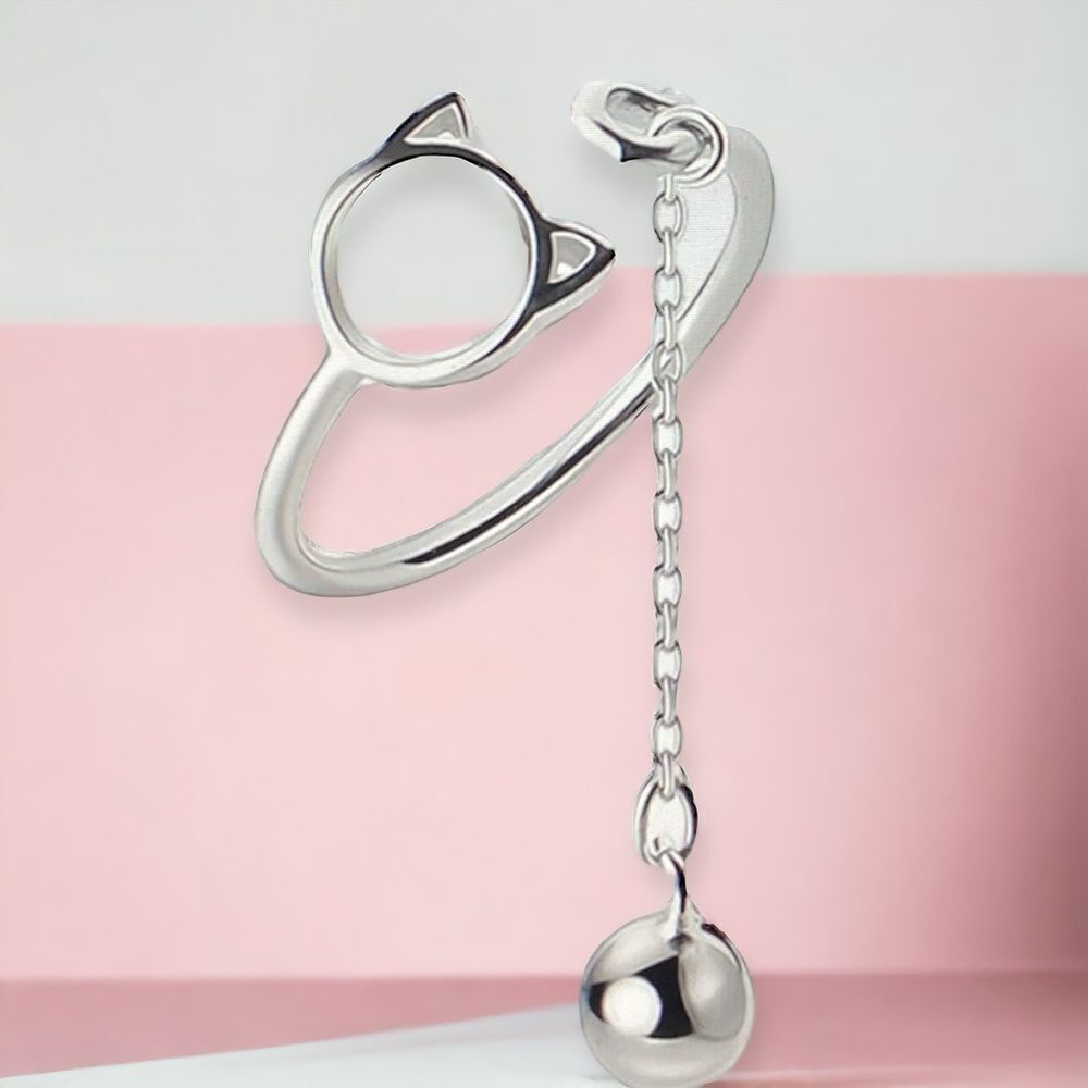 Sterling Silver Playful Cut Out Cat Chasing Chain Ball Charm Ring NEW
